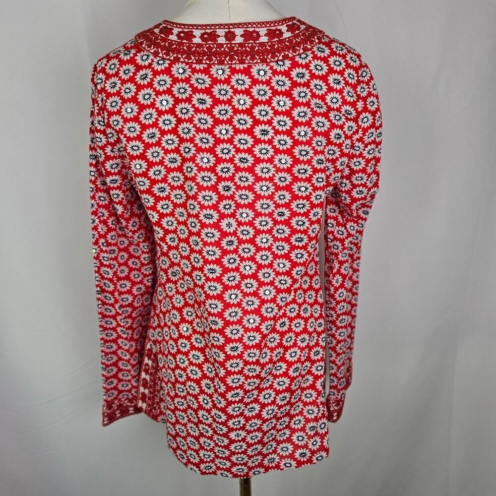 Tory Burch Red Jayne Mod Flower-Print Sequin Lace Tunic Size 8 Boho - Picture 7 of 11